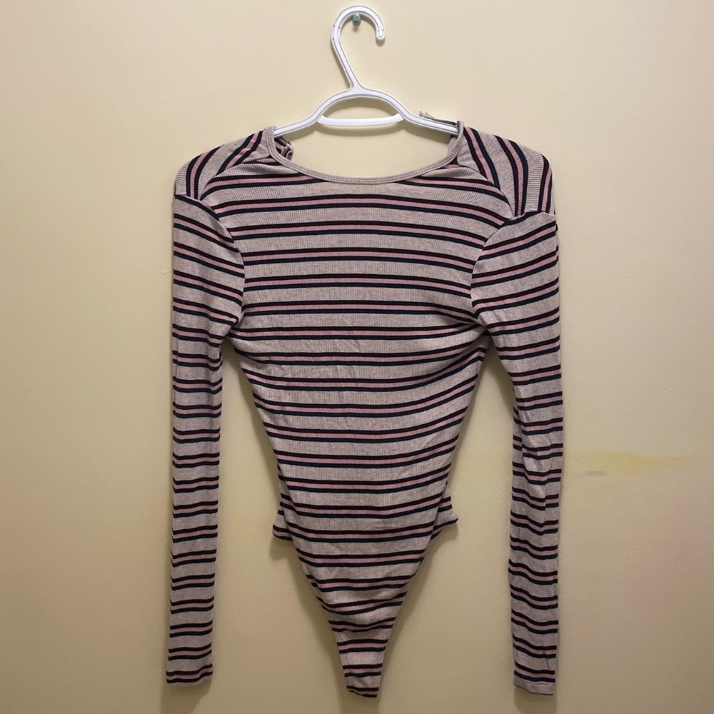 [2/$25] AMERICAN APPAREL PINK STRPED BLACK GREY ONE PIECE BODYSUIT LS TOP